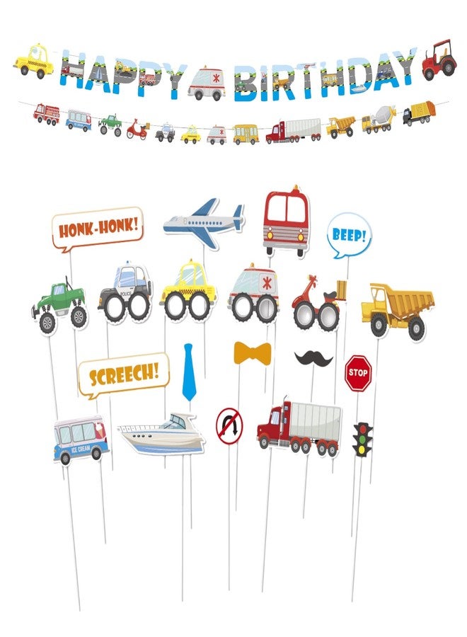 Oojami Serves 24 Complete Transportation Birthday Party Pack Includes Paper Plates, Cups, Napkins, Table Covers, Happy Birthday Banner, DIY Photo Props, Swirls, Ideal for Transportation theme birthday party - Image 5